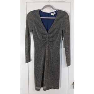 L'Agence‎ DRIES Gold/Blue Metallic Ruched Long Sleeve V-Neck Mini Dress Size 2